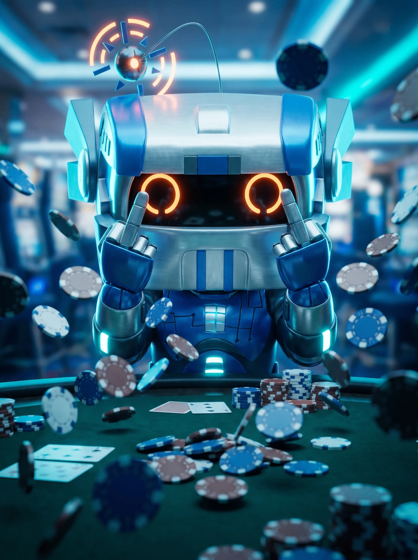 1R0NYMAN robot at a poker table with chips flying