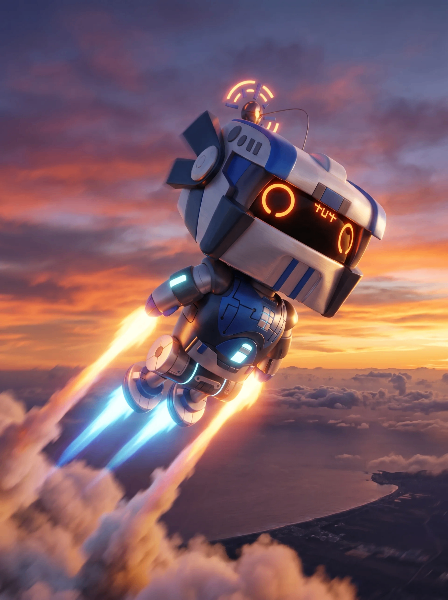 1R0NYMAN robot with rocket boosters flying into the sunset